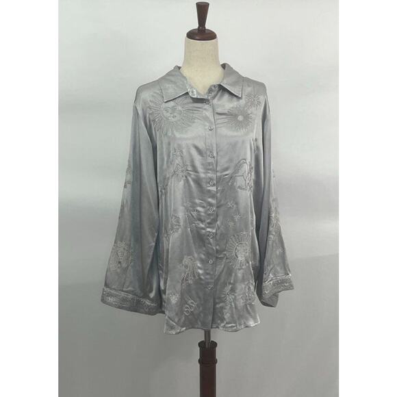 Johnny Was Tops - JOHNNY WAS Workshop Sz M Medium Silver Embroidered Zodiac Button Shirt Top